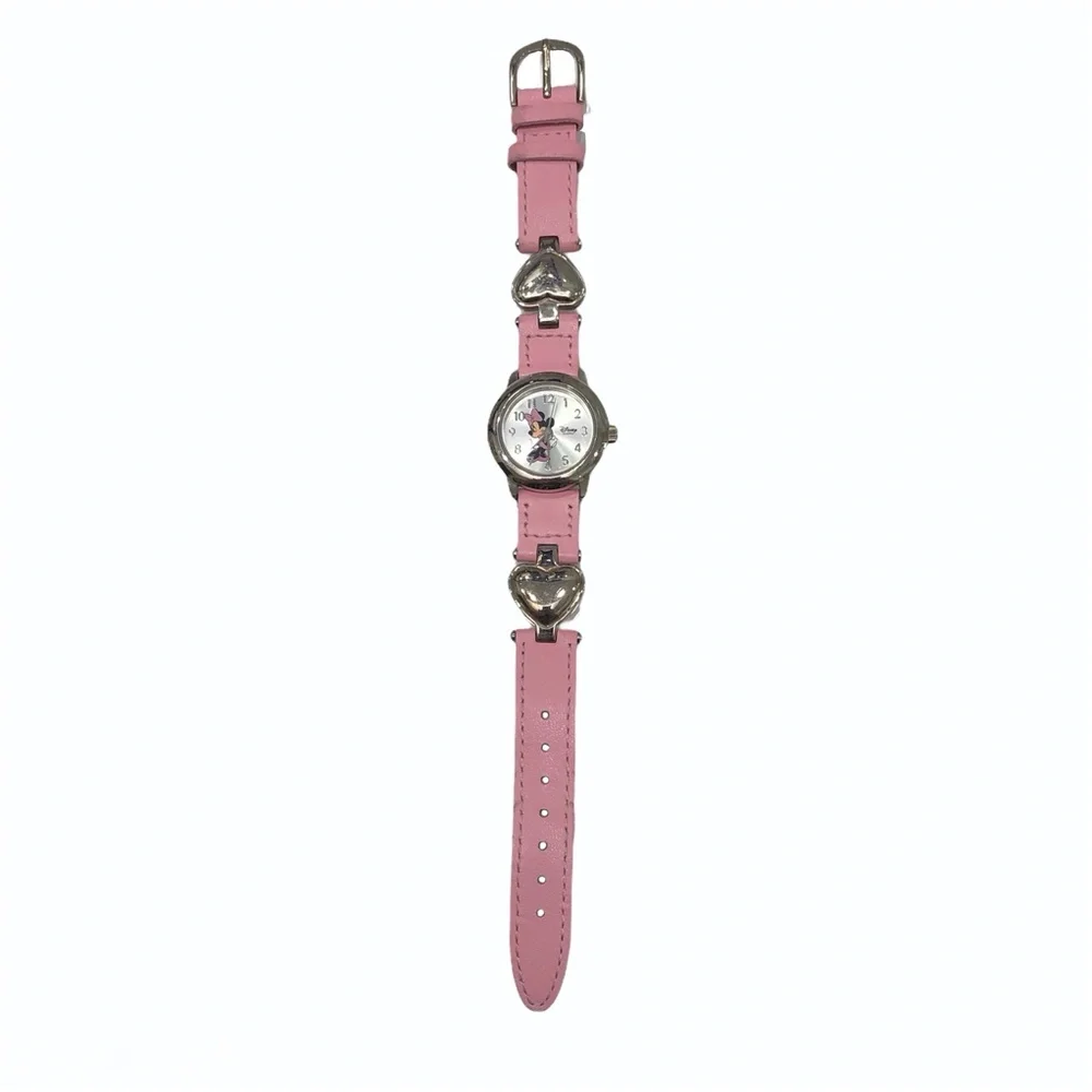 DISNEY MINNIE MOUSE WATCH WITH PINK LEATHER & SILVER METAL HEARTS BAND